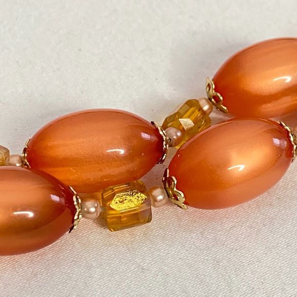Orange Gold Necklace Glsss Oval And Small Faceted Clear Beads Magnetic Clasp - Picture 6 of 11
